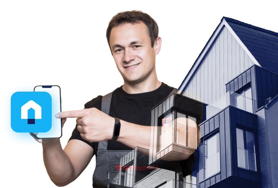 An excited man recommended the HomePro app on his smartphone.